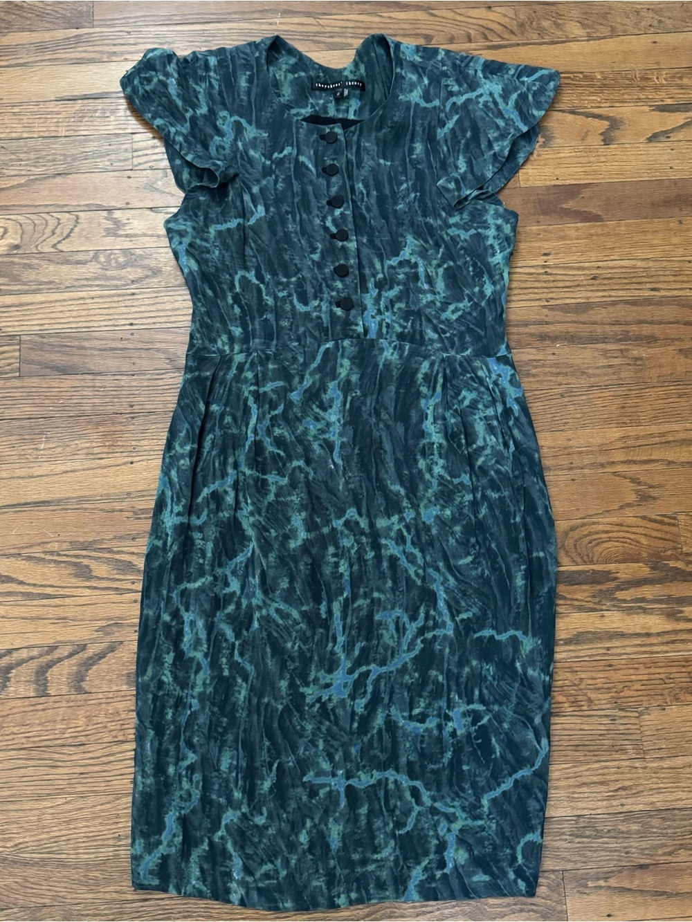 Theyskens' Theory Dark Teal Marble-Print Silk Dress 10 EUC